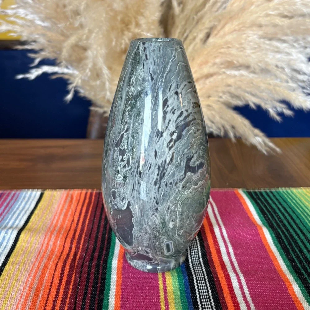 Vintage Green Marbled Stone Bud Vase Hand Carved Polished Onyx Marble 7.5 Inch